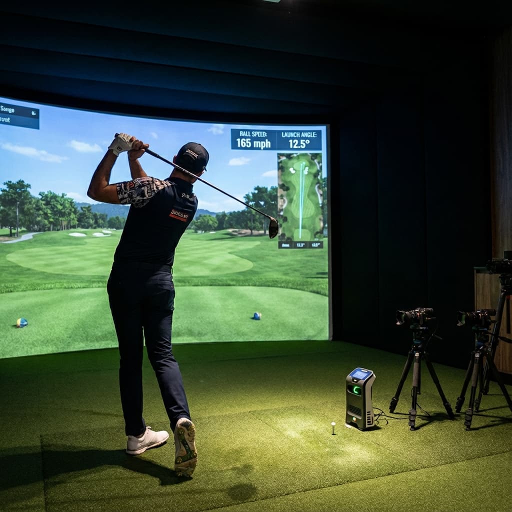 Golfer using simulator at Mile High Golf