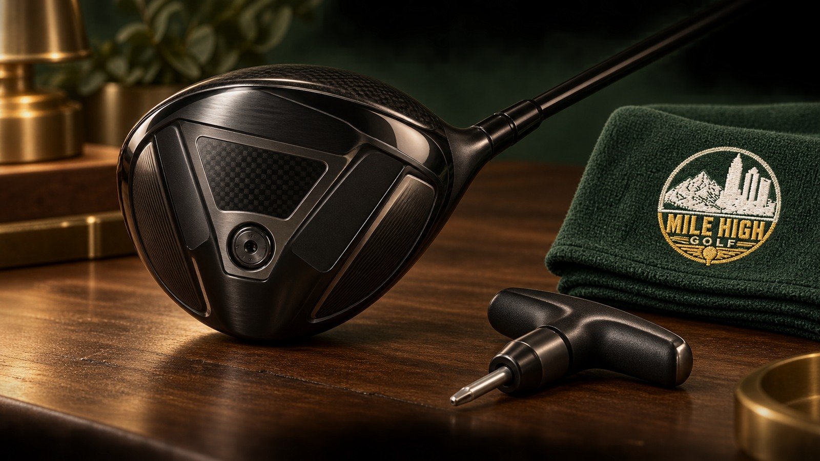 Adjustable driver and torque wrench on a walnut bench beside a Mile High Golf towel
