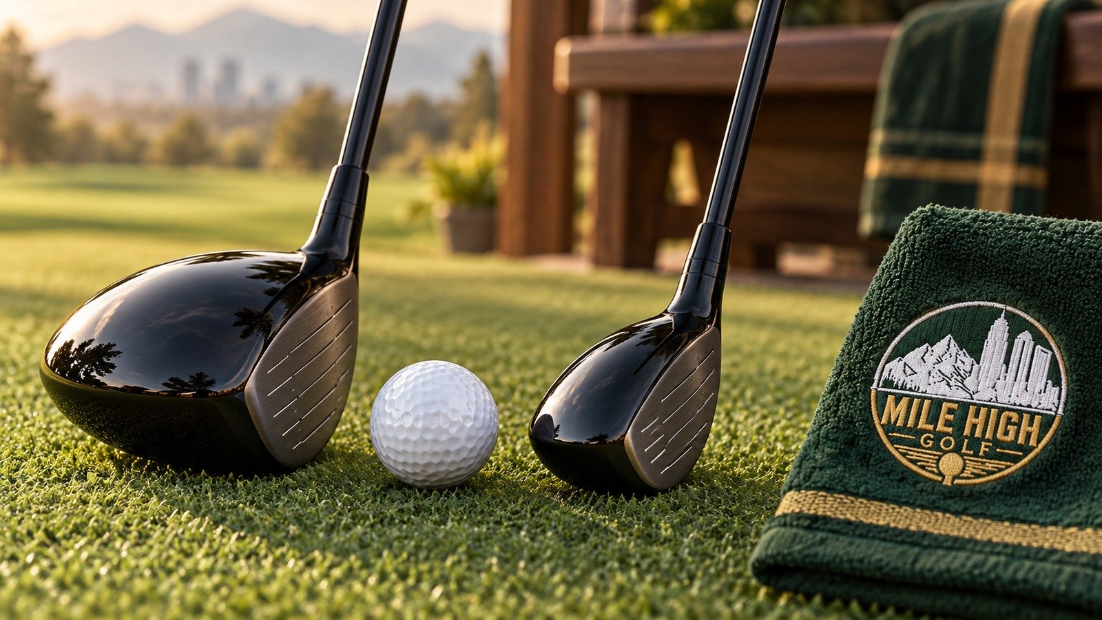 Fairway wood and smaller hybrid head on short turf beside a golf ball and Mile High Golf towel