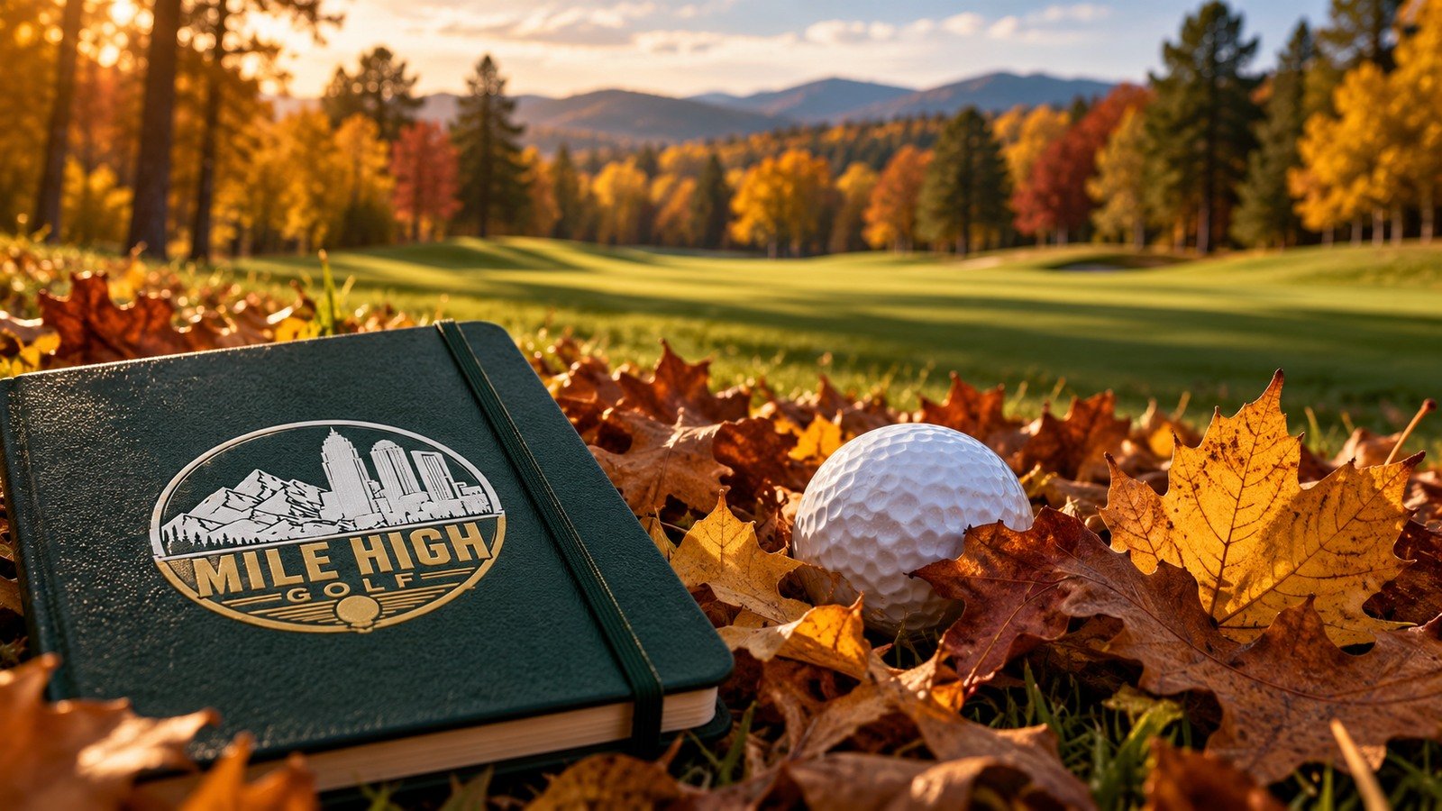 Imagined autumn fairway with a white golf ball among copper and gold leaves beside a dark green notebook bearing the Mile High Golf crest.
