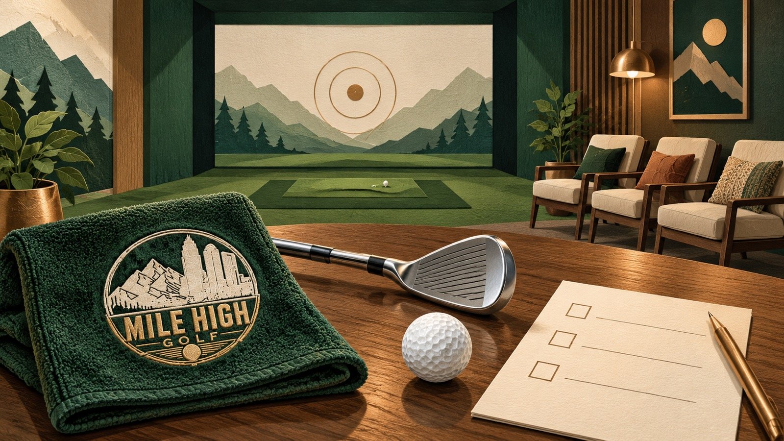 Editorial artwork of a Mile High Golf towel, iron, ball and blank checklist beside an imagined simulator target and lounge chairs