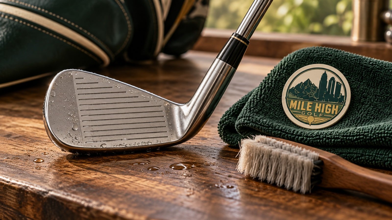 Iron head, nylon brush and green towel on a walnut bench with a Mile High Golf badge