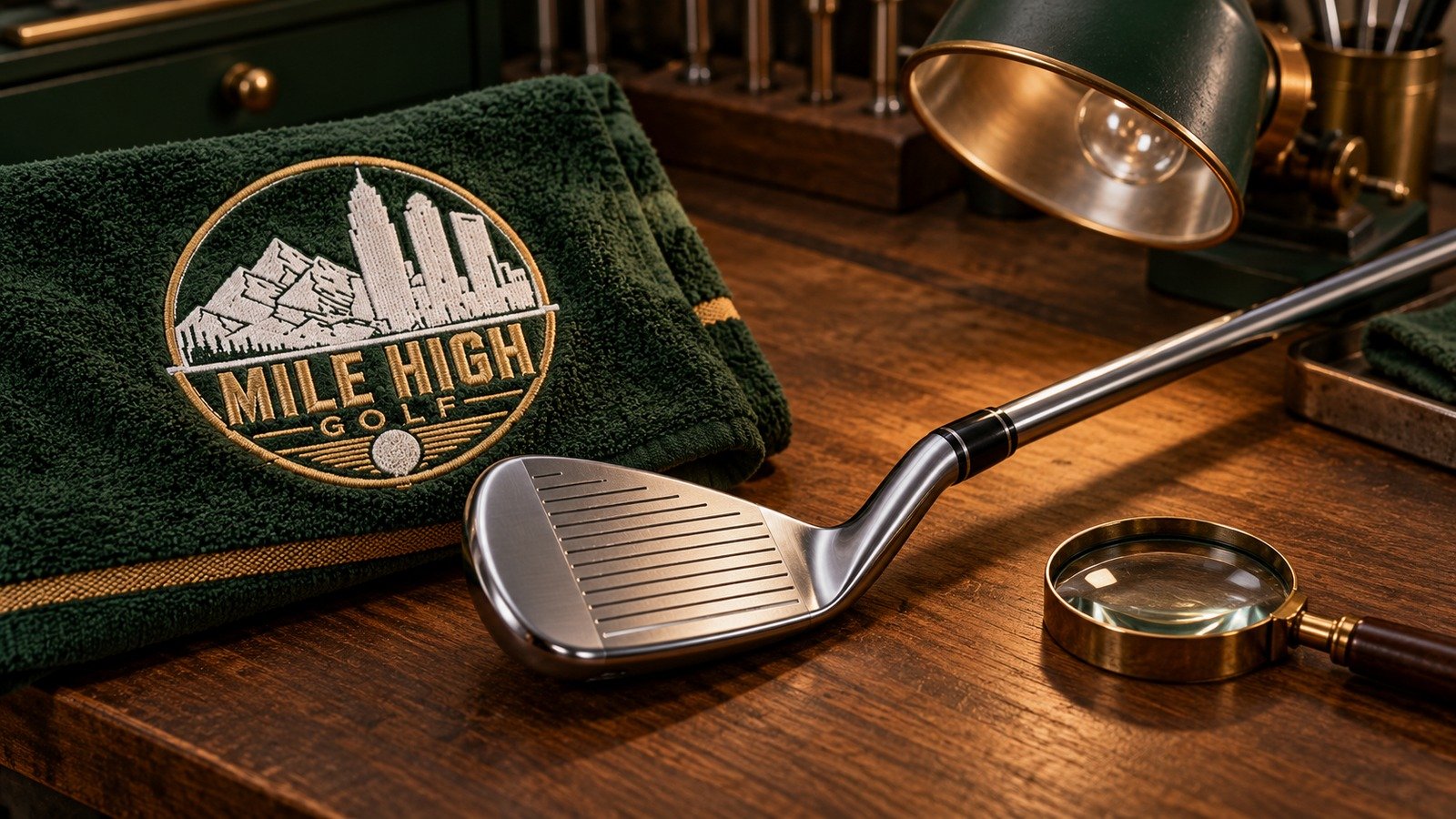 Chrome iron and magnifying glass on a walnut inspection bench beside a towel bearing the Mile High Golf logo