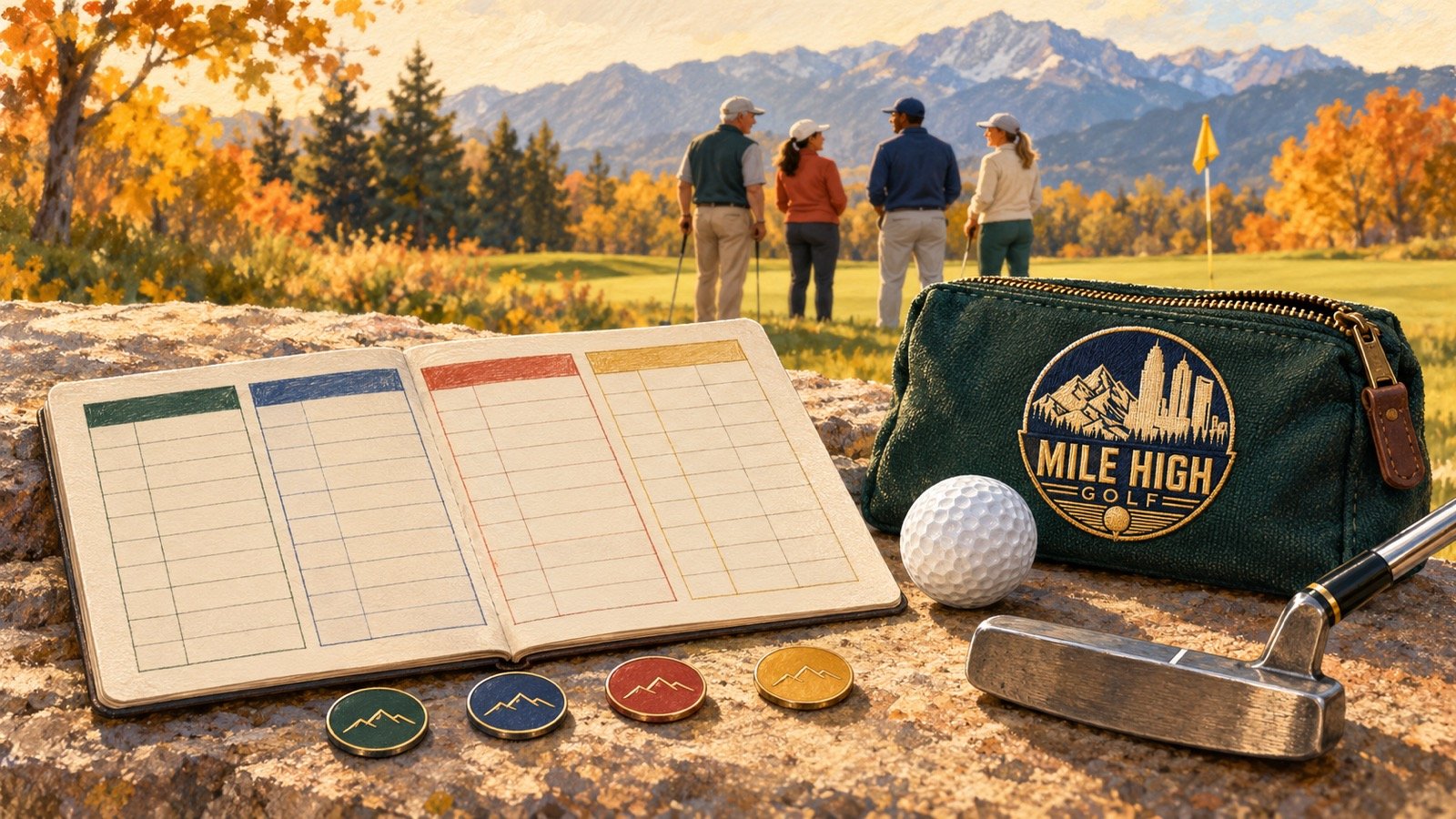 Imagined scramble-day scene with four golfers, a scorecard, ball markers, blade putter and green pouch bearing the Mile High Golf crest.