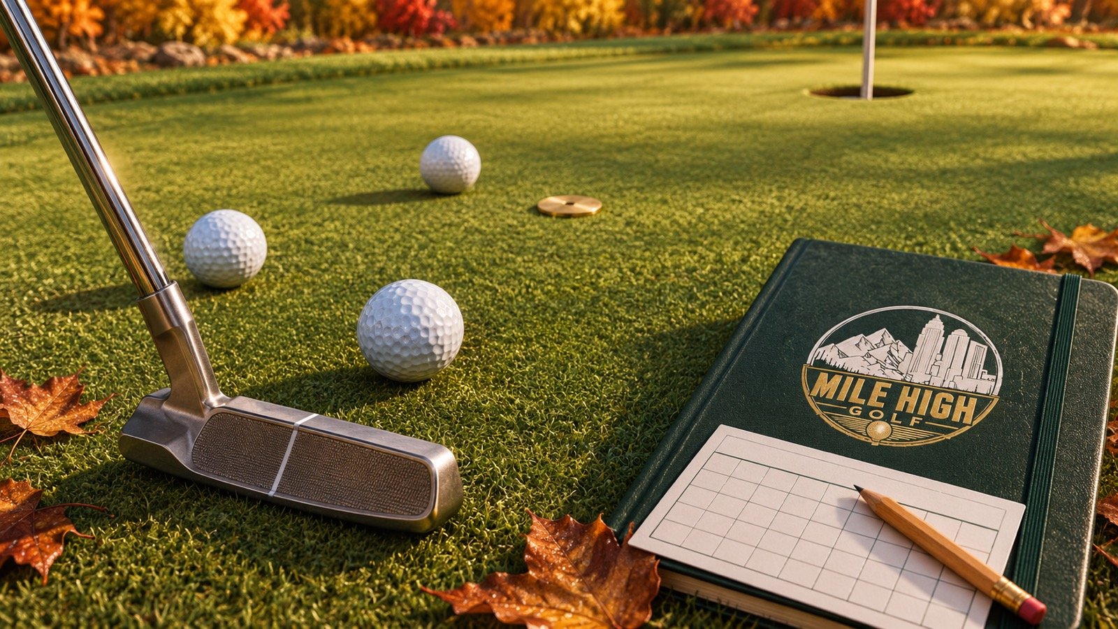 Imagined autumn putting green with a blade putter, three balls, flat target marker and scorecard beside a notebook bearing the Mile High Golf crest.