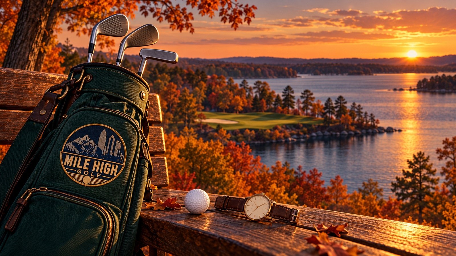 Imagined autumn lakeside golf scene with a green carry bag bearing the Mile High Golf crest, three clubs, a golf ball and a wristwatch on a wooden bench.